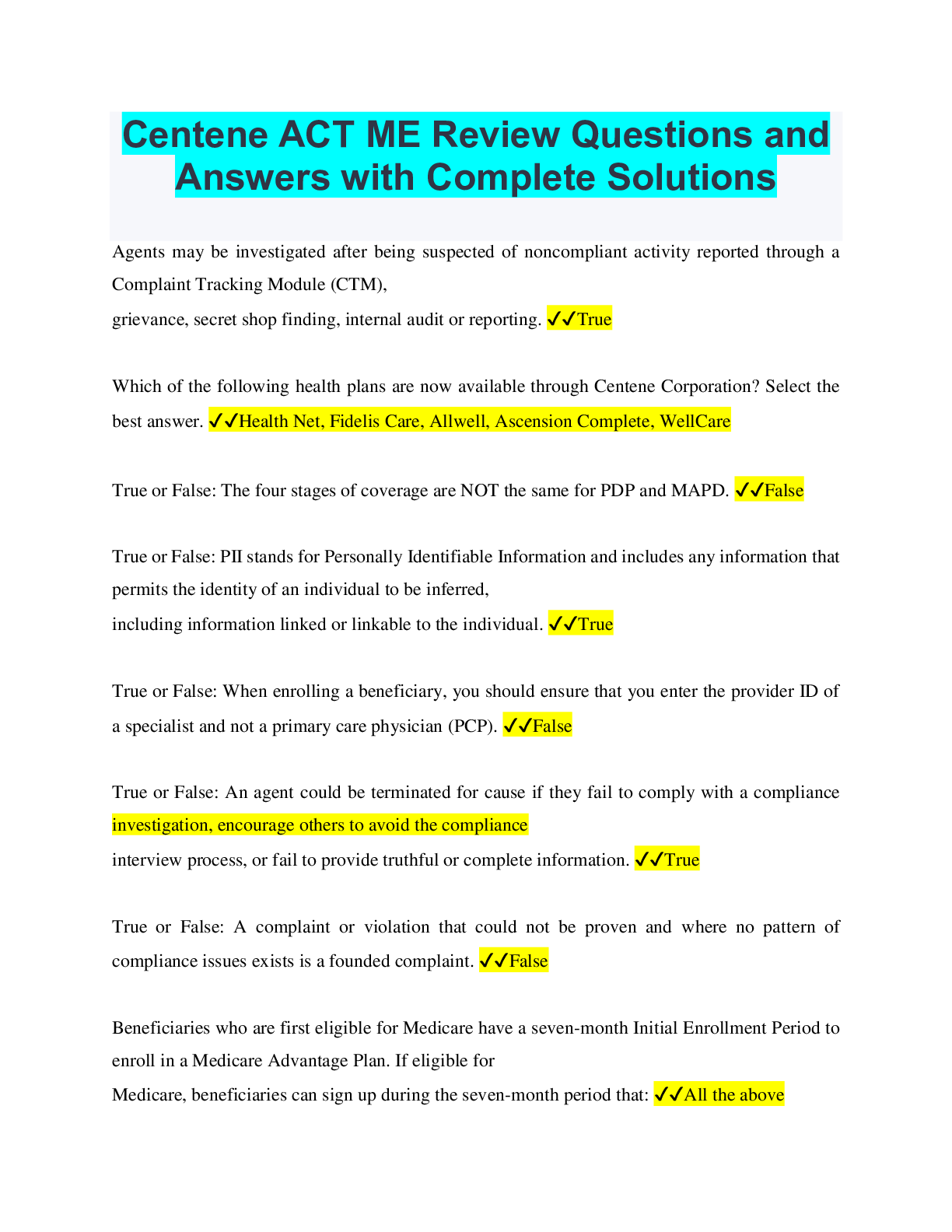 Preview image for Centene ACT ME Review Questions and Answers with Complete Solutions